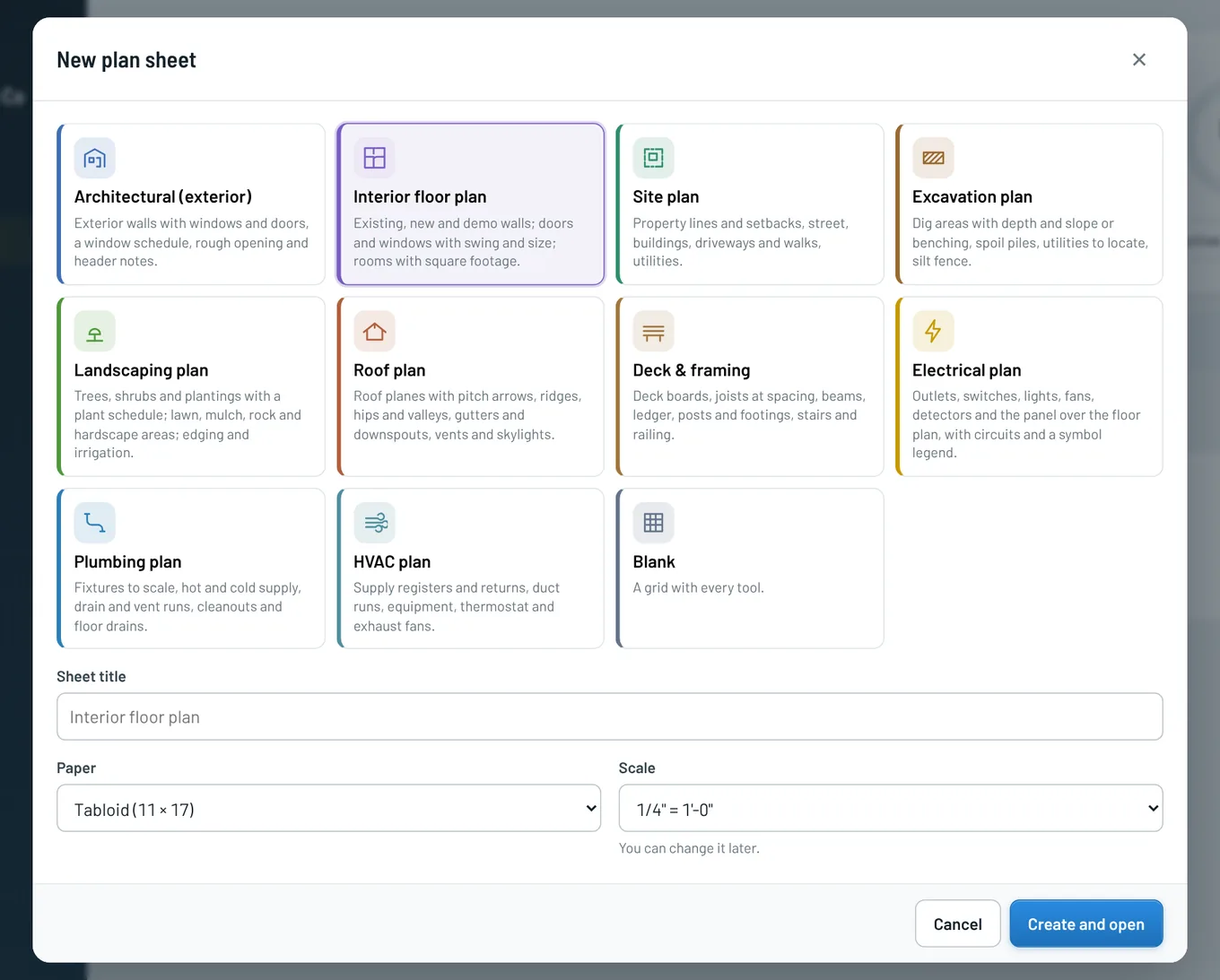 The new plan sheet dialog, offering eleven sheet types from architectural and floor plans to electrical, plumbing and HVAC.